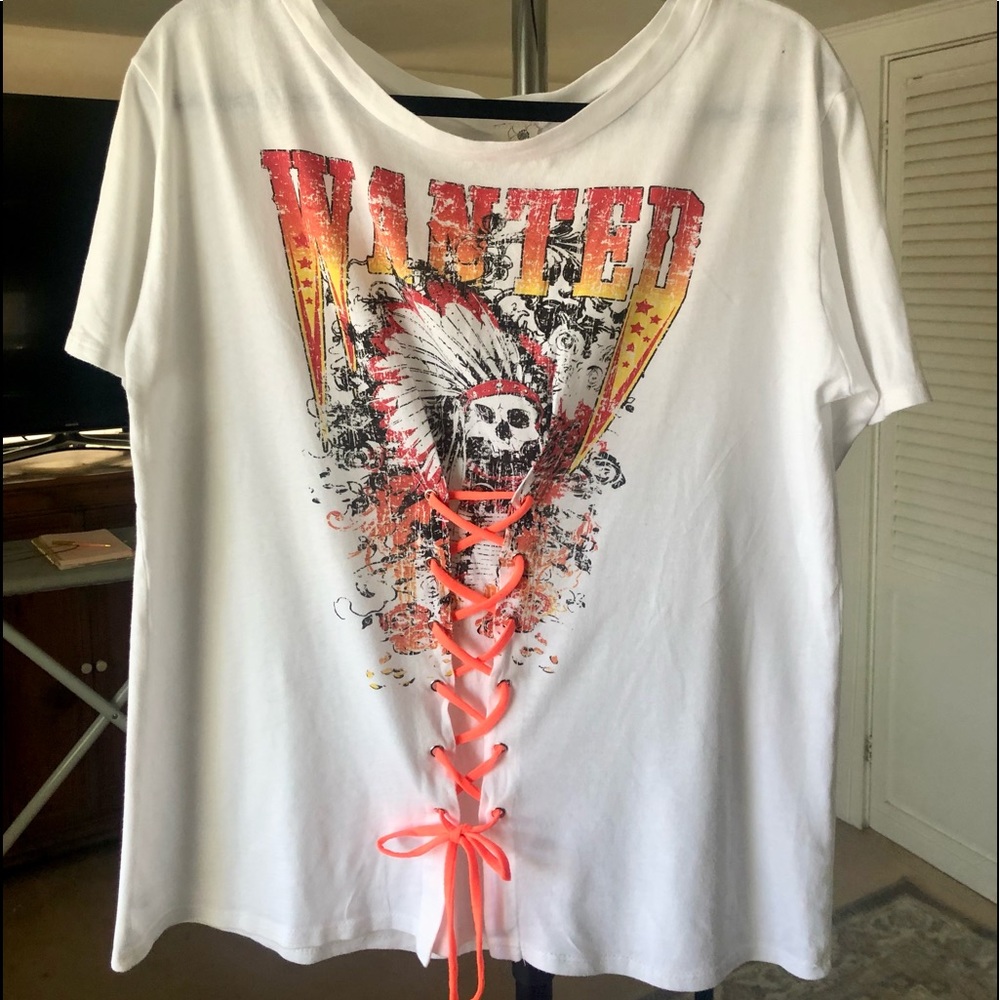 Boutique White Graphic Tee with Corset Detail NWOT